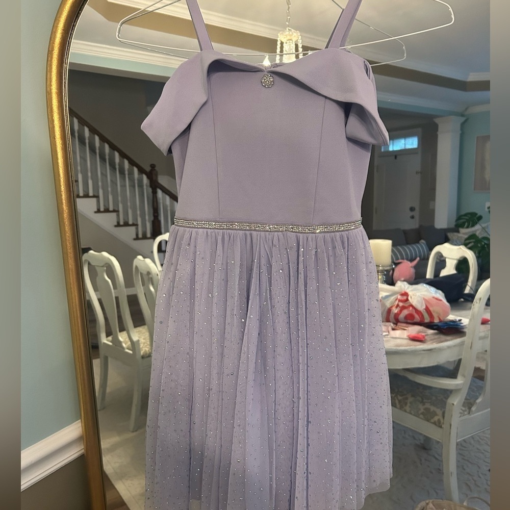 Girls off the shoulder with strap, rhinestone belt, and sparkly tulle skirt